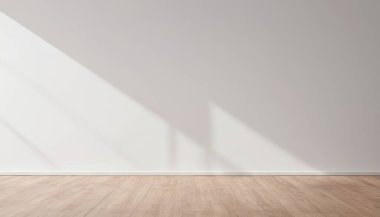 Güneş ışığı beyaz bir duvara ve ahşap zemine vuruyor. Sosyal medya reklamları için öncelikli arkaplan.