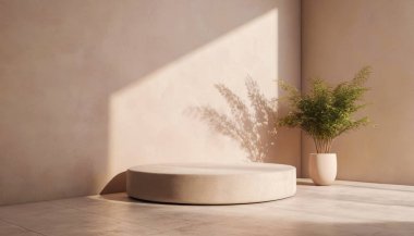 Natural light hits a blank podium and decorative plant. Premium and modern design for a premium mockup.