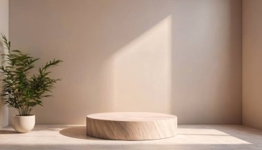 Minimalist setup with a round podium and a vase with palm leaves. Premium and modern design for a premium mockup.