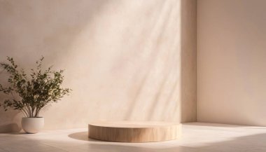 Duvarında gölgeler olan basit bir dekor ve beyaz bir vazo. Premium ve modern tasarım prim modeli için.