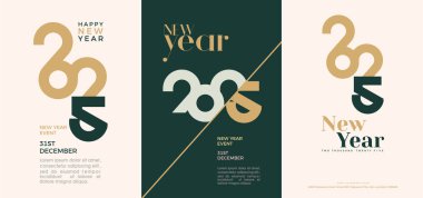 Mutlu yıllar 2025 tasarım poster seti. Benzersiz retro renkler. Mutlu yeni yıl 2025 kutlaması için birinci sınıf vektör tasarımı.