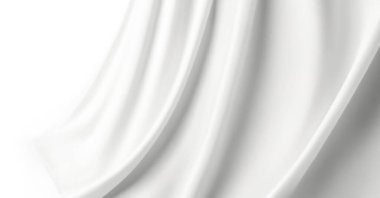 Beyaz kumaş zarif ve akıcı bir zarafetle örtülmüş. Temiz, minimalist tarzda arkaplan fotoğrafları..