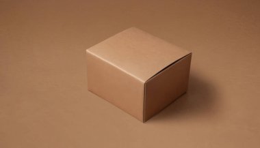 Kahverengi arka planda tek bir kapalı, kahverengi karton kutu. Zarif ve temiz karton kutu ürünü için kaliteli fotoğraf modeli.