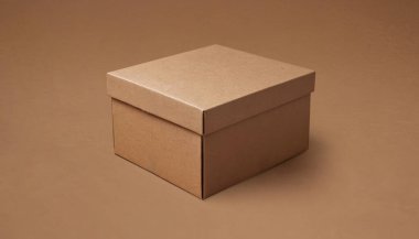 Düz kahverengi arka planda kapalı kahverengi bir karton kutu. Zarif ve temiz karton kutu ürünü için kaliteli fotoğraf modeli.