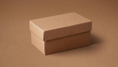Kahverengi bir yüzeyde duran kapalı bir karton kutu. Zarif ve temiz karton kutu ürünü için kaliteli fotoğraf modeli.