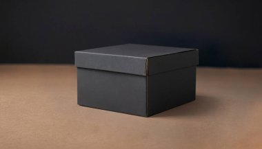 Siyah bir karton kutu bronz bir yüzeye kapalı duruyor. Zarif ve temiz karton kutu ürünü için kaliteli fotoğraf modeli.