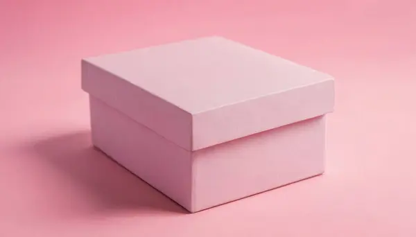 stock image A single closed pink gift box sits on a pink background. Premium photo mockup for elegant and clean cardboard box product.