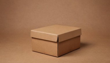 Düz kahverengi karton kutu, kahverengi arka planda kapalı ve dinleniyor. Zarif ve temiz karton kutu ürünü için kaliteli fotoğraf modeli.