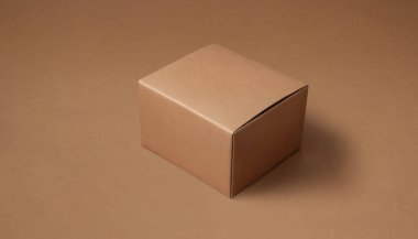 Kahverengi arka planda tek kapalı kahverengi karton kutu. Zarif ve temiz karton kutu ürünü için kaliteli fotoğraf modeli.