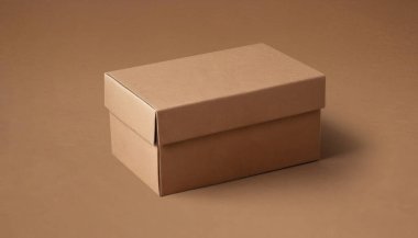 Kahverengi bir yüzey üzerinde duran sade, kapalı bir karton kutu. Zarif ve temiz karton kutu ürünü için kaliteli fotoğraf modeli.