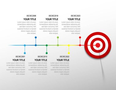 Colours line hit to red dartboard with infographic. target timeline left to right. Business data chart, investment goal, marketing challenge, strategy presentation, achievement diagram. vector template.