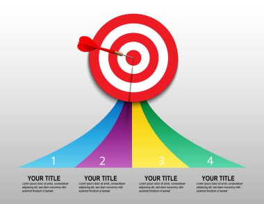 Red dart hit to center of dartboard with arrow for infographic. Arrow on target. Business success, investment goal, marketing challenge, financial strategy, purpose achievement, focus ideas concept. 3d vector