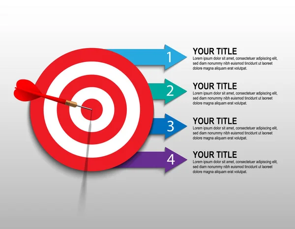 Red dart hit to center of dartboard with arrow for infographic. Arrow on target. Business success, investment goal, marketing challenge, financial strategy, purpose achievement, focus ideas concept. 3d vector