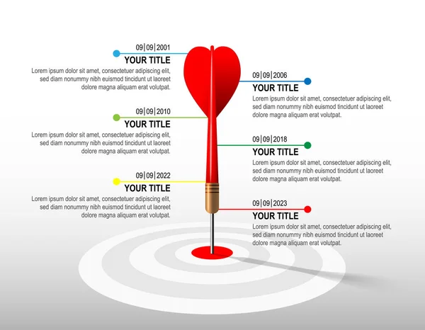 Red dart hit to center of dartboard with arrow for infographic. Arrow on target timeline. Business success data chart, investment goal, marketing challenge, financial strategy, achievement diagram, presentation vector template concept.