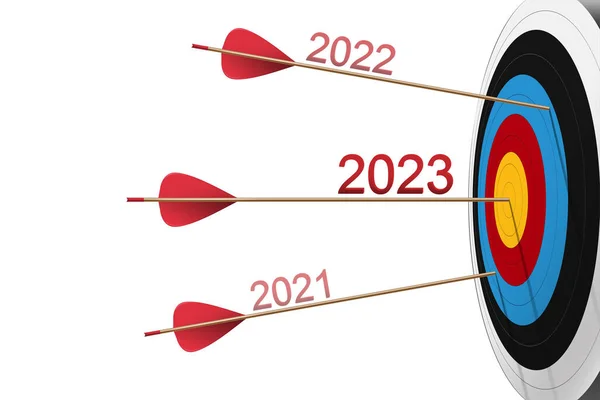 Three Red arrows hit to dartboard with 2023 number. Archery target and bullseye. Business success, investment goal, opportunity challenge, aim strategy, achievement focus concept