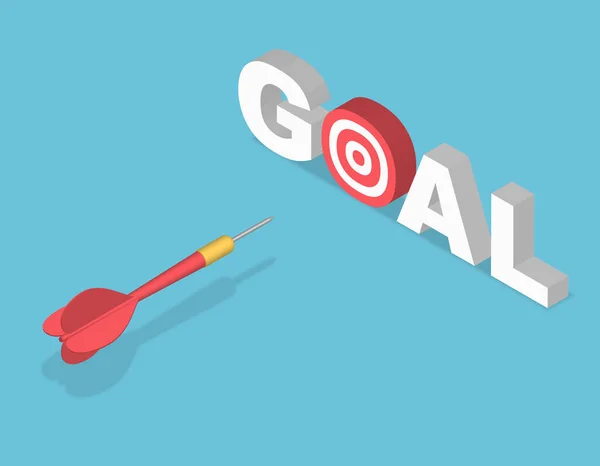Dart arrow hit to goal text with dartboard isometric. Red dart hit to center of dartboard. Arrow on bullseye in target. Business success, investment goal, marketing challenge, financial strategy, purpose achievement, focus ideas concept. 3d vector
