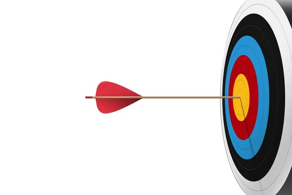 One Red arrow hit to center of dartboard on right composition with white background. Archery target and bullseye. Business success, investment goal, opportunity challenge, aim strategy, achievement focus concept. 3d realistic vector illustration