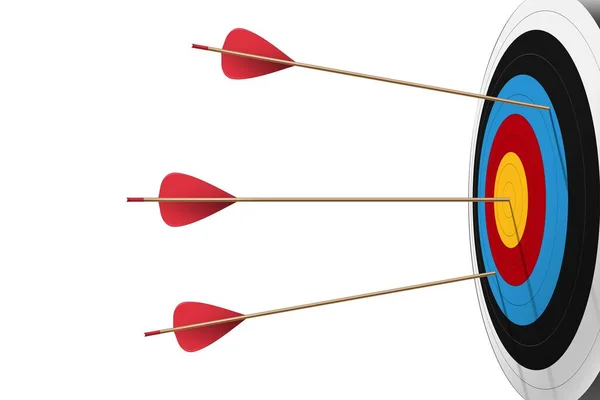 Three Red arrows hit to dartboard with white background. Archery target and bullseye. Business success, investment goal, opportunity challenge, aim strategy, achievement focus concept. 3d realistic vector illustration