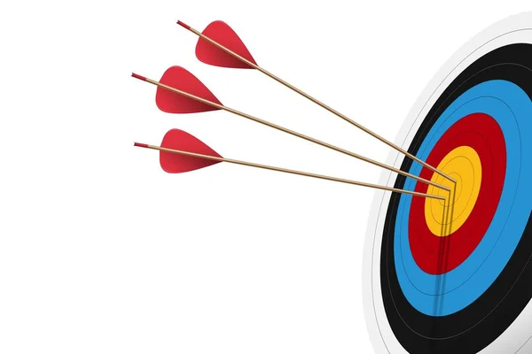 Three Red Arrows Hit Center Dartboard White Background Archery Target — Stock Vector