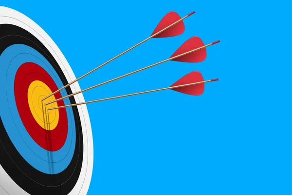 Three Red arrows hit to center of dartboard with light blue background. Archery target and bullseye. Business success, investment goal, opportunity challenge, aim strategy, achievement focus concept. 3d realistic vector illustration
