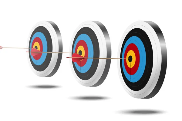 Red arrow hit to center of dartboard. Archery target and bullseye. Business success, investment goal, opportunity challenge, aim strategy, achievement focus concept. 3d realistic vector illustration