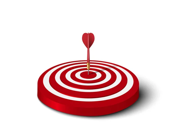 Close up of 3d red dart hit to center of red dartboard on the floor. Arrow on bullseye in target. Business success, investment goal, opportunity challenge, aim strategy, achievement project concept. vector illustration