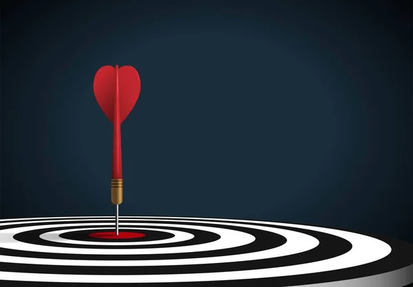 Red dart hit to center of dartboard on the floor left composition in dark scene. Arrow on bullseye in target. Business success, investment goals, marketing challenge, financial strategy, purpose achievement, focus ideas concept. 3d vector