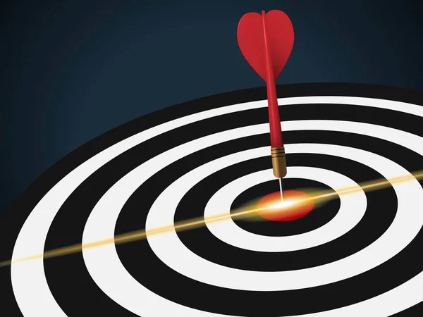 Red dart hit to center of dartboard right composition with light ray in dark scene. Arrow on bullseye in target. Business success, investment goals, marketing challenge, financial strategy, purpose achievement, focus ideas concept. 3d vector