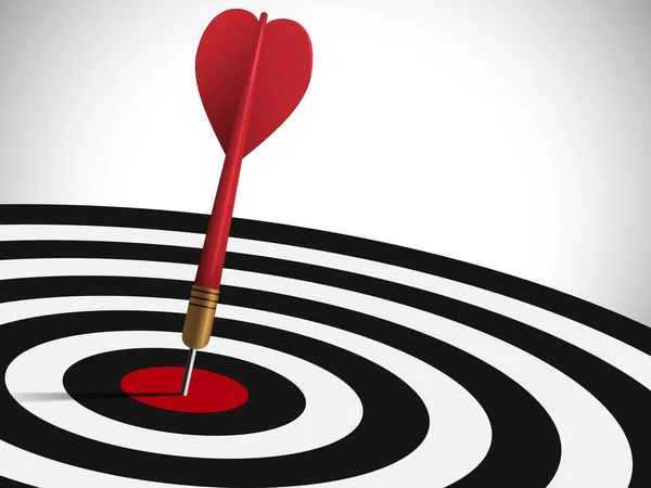 Close up of Red dart hit to center of dartboard. Arrow on bullseye in target. Business success, investment goals, marketing challenge, financial strategy, purpose achievement, focus ideas concept. 3d vector