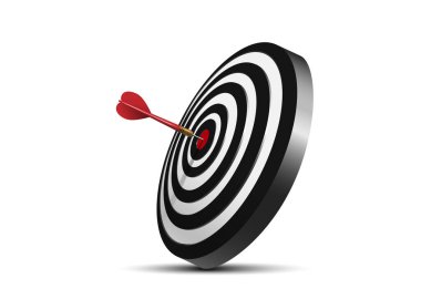 Red dart hit to center of black dartboard tilt angle 45 degree on center composition on white background. Arrow on bullseye in target. Business success, investment goals, marketing challenge, financial strategy, purpose achievement, ideas concept.
