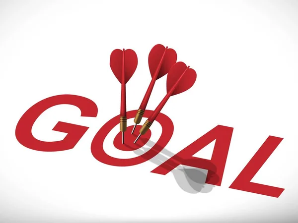 Three red darts hit to center of red goal text target. Top view of Arrow on bullseye. Business success, investment goals, marketing challenge, financial strategy, purpose achievement, focus ideas concept. 3d vector illustration