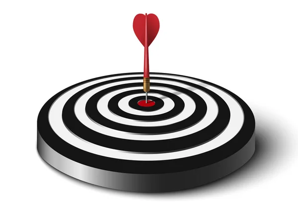 Close up of red dart hit to center of black dartboard on the floor. Arrow on bullseye in target. Business success, investment goal, opportunity challenge, aim strategy, achievement focus concept. 3d vector illustration