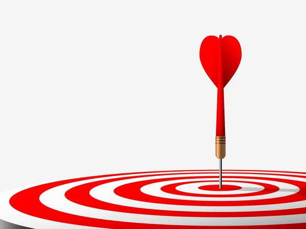 Red dart hit to center of dartboard on the floor right composition on white background. Arrow on bullseye in target. Business success, investment goals, marketing challenge, financial strategy, purpose achievement, focus ideas concept. illustration