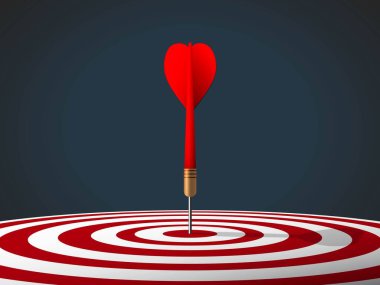 Red dart hit to center of dartboard on the floor center composition in dark scene. Arrow on bullseye in target. Business success, investment goals, marketing challenge, financial strategy, purpose achievement, focus ideas concept. vector illustration