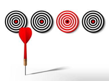 Red dart choosing red dartboard. Arrow select bullseye target. Business success way, investment goal, marketing challenge, financial strategy, purpose achievement, focus ideas, making decision concept. 3d vector illustration