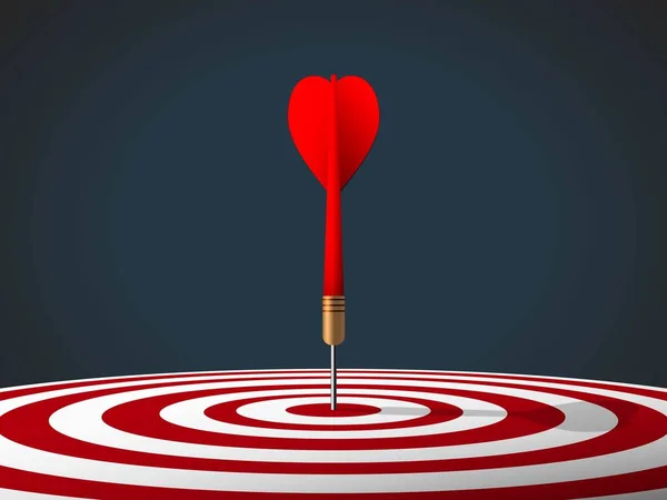 Red dart hit to center of dartboard on the floor center composition in dark scene. Arrow on bullseye in target. Business success, investment goals, marketing challenge, financial strategy, purpose achievement, focus ideas concept. vector illustration