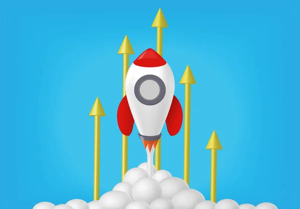 Rocket luanch rising with arrows going up. Business startup, career development, Project success, growth and boost, investment goal, Aim target, opportunity challenge, strategy planning, achievement focus concept.