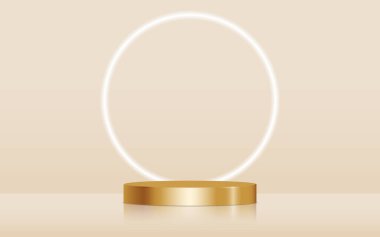 Golden product podium scene with neon light. Realistic golden blank product podium scene template isolated on gold background. Geometric metallic round shape for product branding layout. Gold cylinder mock up scene. 3d vector illustration background