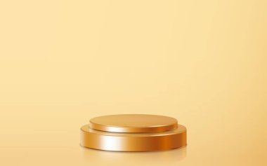 Two stack golden podium product scene on floor. Realistic golden blank product podium scene template isolated on gold background. Geometric metallic round shape for product branding layout. Gold cylinder mock up scene. vector illustration background