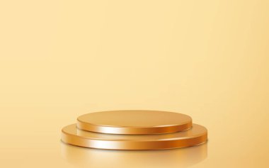 Two big stack golden podium product scene on floor. Realistic golden blank product podium template isolated on gold background. Geometric metallic round shape for product branding layout. Gold cylinder mock up scene. vector illustration background