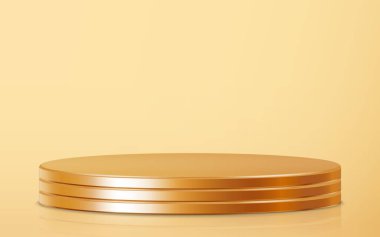 One big stack golden podium product scene on floor. Realistic golden blank product podium template on gold background. Geometric metallic round shape for product branding layout. Gold cylinder mockup scene. vector illustration background