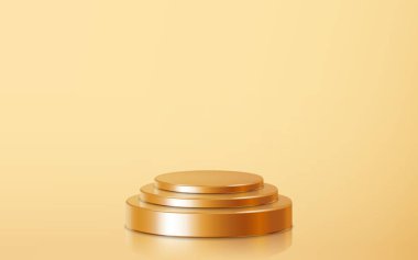 One stack golden podium product scene on floor. Realistic golden blank product podium template on gold background. Geometric metallic round shape for product branding layout. Gold cylinder mockup scene. vector illustration background