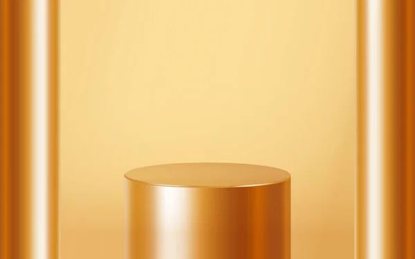 One Golden long podium product scene with 2 poles. Realistic golden blank product step podium scene template isolated on gold background. Geometric metallic round shape for product branding layout. Gold cylinder mock up scene. 3d vector background