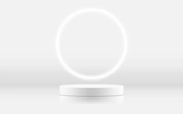 White product podium scene with neon light. Realistic blank product podium scene template isolated on white background. Geometric round shape for product branding layout. Clear cylinder mock up scene. 3d vector illustration background