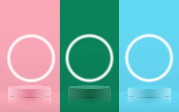 Set of pastel podium scene with neon light. Pink, green and blue pastel colour product podium. Realistic blank product podium scene template isolated on background. Geometric round shape for product branding layout. Cylinder mock up scene.