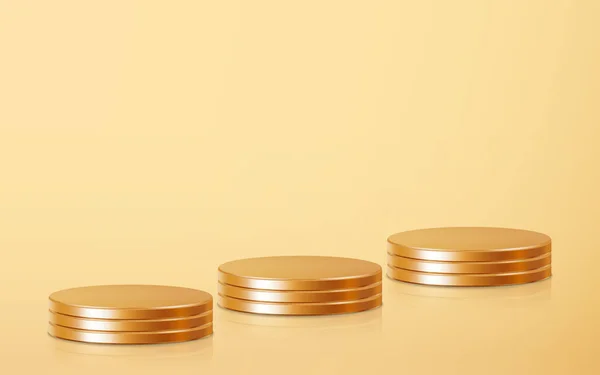 Three stack golden podium product scene on floor. Realistic golden blank product podium template on gold background. Geometric metallic round shape for product branding layout. Gold cylinder mockup scene. vector illustration background