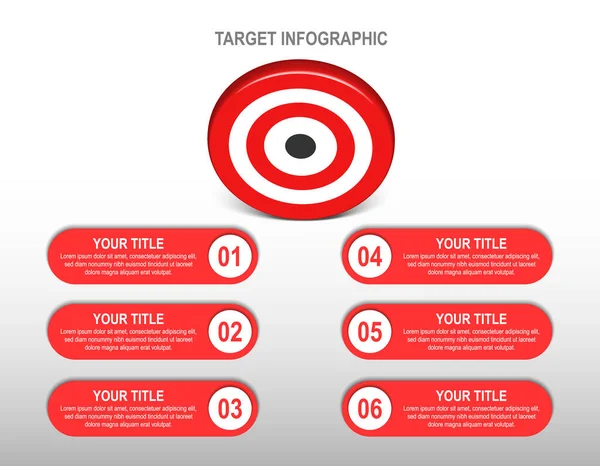 3d red target dartboard with 6 label infographic. target step number layout. Business data chart, investment goal, marketing challenge, strategy presentation, achievement diagram. information vector template.
