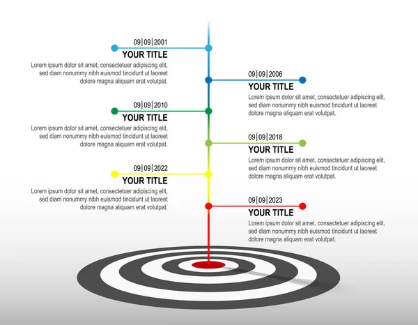 Colour line hit to black and white dartboard with infographic. Target timeline. Business success data chart, investment goal, marketing challenge, strategy presentation, achievement diagram. vector template.