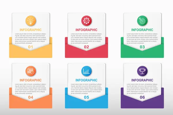 Infographic vector template with 6 round square envelope step or option and number. Business presentation, target goal report, project timeline, strategy plan, success information, flat diagram layout.