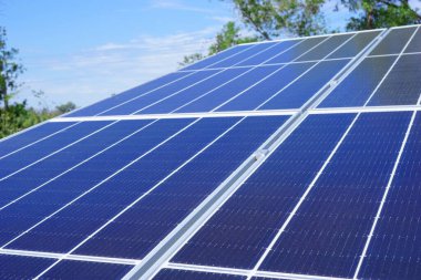 Tilt angle blue solar cell panel in garden. Solar cell technology, Power cell alternative source of electricity. Photovoltaic cell panel. Clean energy power concept